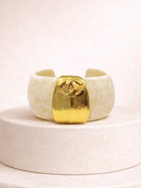 Chanel White Resin Cuff Bracelet Gold CC (1998 Vintage)